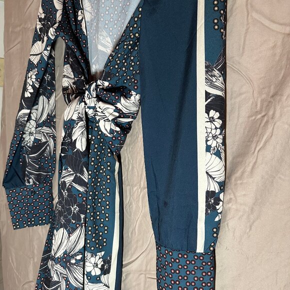 Zara Teal Blue Floral Dotted Patchwork Printed Satin Belted Kimono Robe Size S/M - Picture 6 of 9